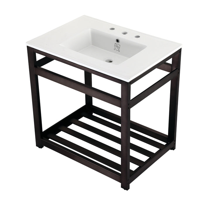 Kingston Sona VWP3122W8A5 - Quadras 31-Inch Ceramic Console Sink with Steel Base and Shelf (8-Inch, 3-Hole), White/Oil Rubbed Bronze