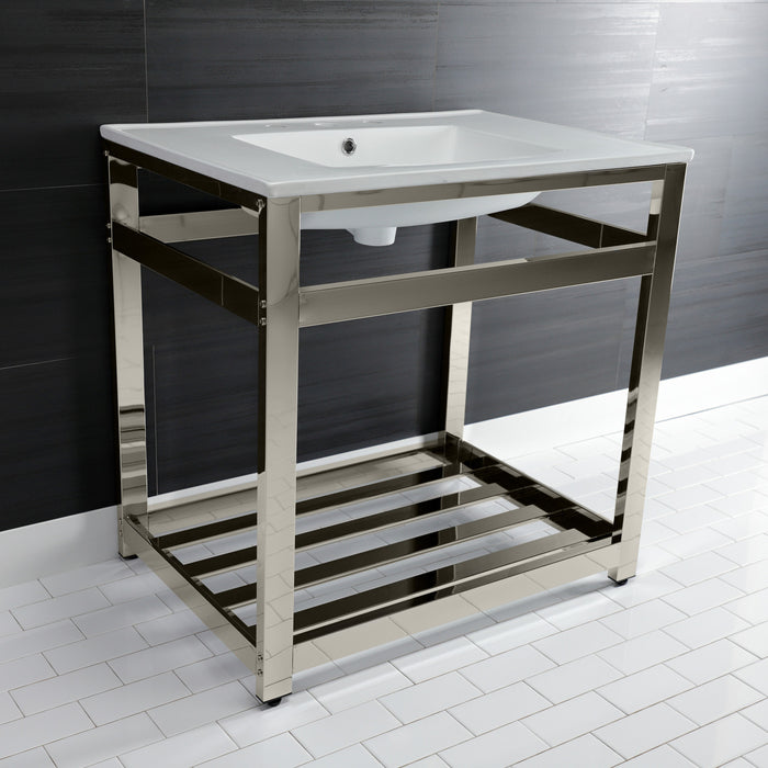 Kingston Sona VWP3122W8A6 - Quadras 31-Inch Ceramic Console Sink with Steel Base and Shelf (8-Inch, 3-Hole), White/Polished Nickel