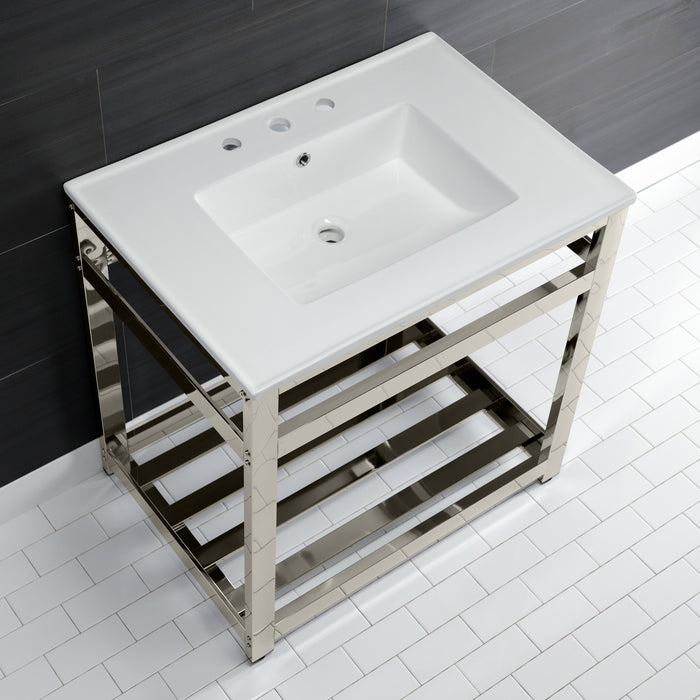 Kingston Sona VWP3122W8A6 - Quadras 31-Inch Ceramic Console Sink with Steel Base and Shelf (8-Inch, 3-Hole), White/Polished Nickel