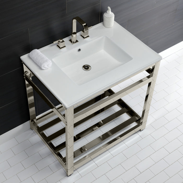 Kingston Sona VWP3122W8A6 - Quadras 31-Inch Ceramic Console Sink with Steel Base and Shelf (8-Inch, 3-Hole), White/Polished Nickel
