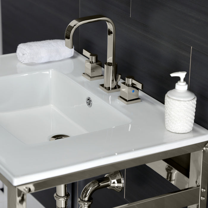 Kingston Sona VWP3122W8A6 - Quadras 31-Inch Ceramic Console Sink with Steel Base and Shelf (8-Inch, 3-Hole), White/Polished Nickel