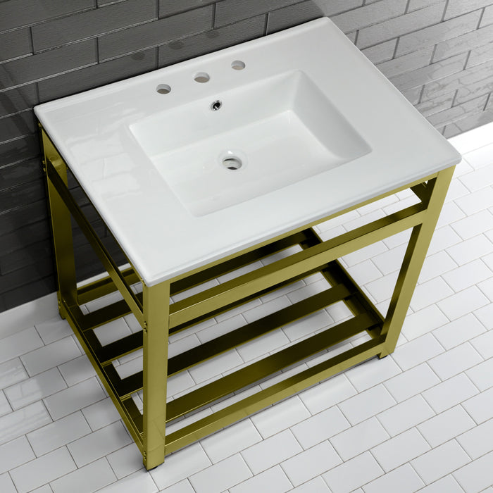 Kingston Sona VWP3122W8A7 - Quadras 31-Inch Ceramic Console Sink with Steel Base and Shelf (8-Inch, 3-Hole), White/Brushed Brass
