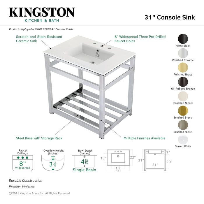 Kingston Sona VWP3122W8A8 - Quadras 31-Inch Ceramic Console Sink with Steel Base and Shelf (8-Inch, 3-Hole), White/Brushed Nickel