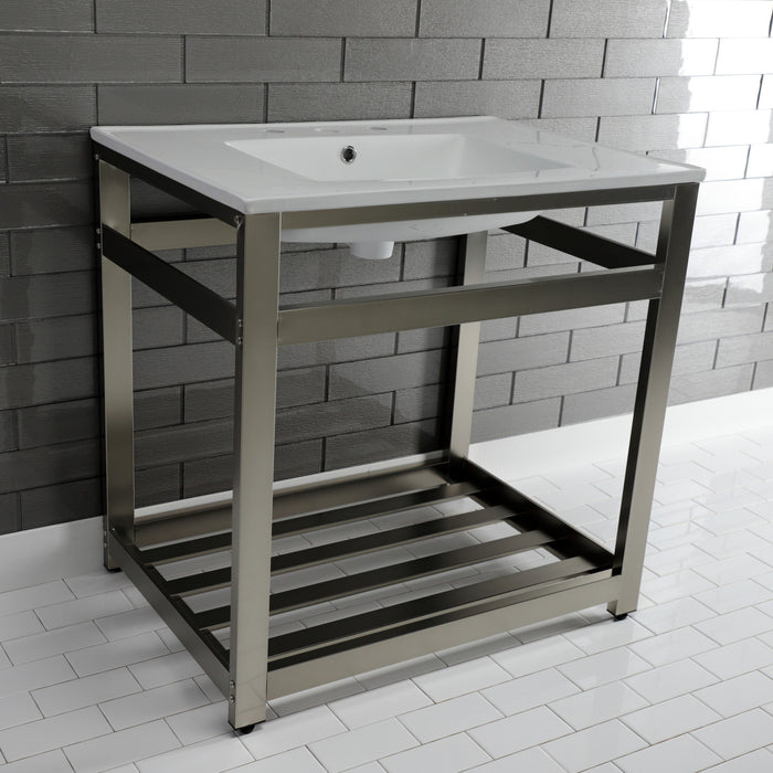 Kingston Sona VWP3122W8A8 - Quadras 31-Inch Ceramic Console Sink with Steel Base and Shelf (8-Inch, 3-Hole), White/Brushed Nickel