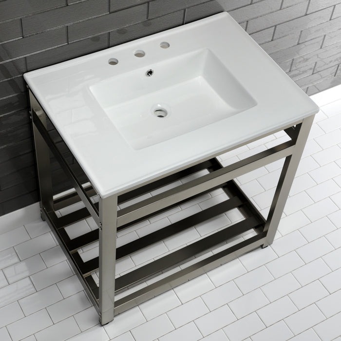 Kingston Sona VWP3122W8A8 - Quadras 31-Inch Ceramic Console Sink with Steel Base and Shelf (8-Inch, 3-Hole), White/Brushed Nickel