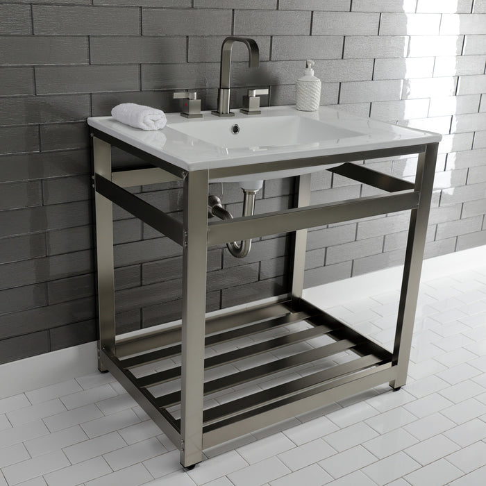 Kingston Sona VWP3122W8A8 - Quadras 31-Inch Ceramic Console Sink with Steel Base and Shelf (8-Inch, 3-Hole), White/Brushed Nickel