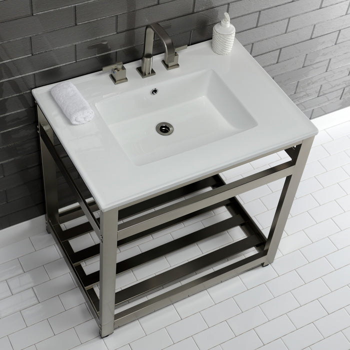 Kingston Sona VWP3122W8A8 - Quadras 31-Inch Ceramic Console Sink with Steel Base and Shelf (8-Inch, 3-Hole), White/Brushed Nickel