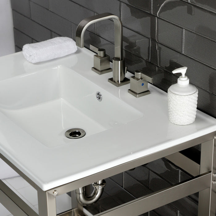 Kingston Sona VWP3122W8A8 - Quadras 31-Inch Ceramic Console Sink with Steel Base and Shelf (8-Inch, 3-Hole), White/Brushed Nickel