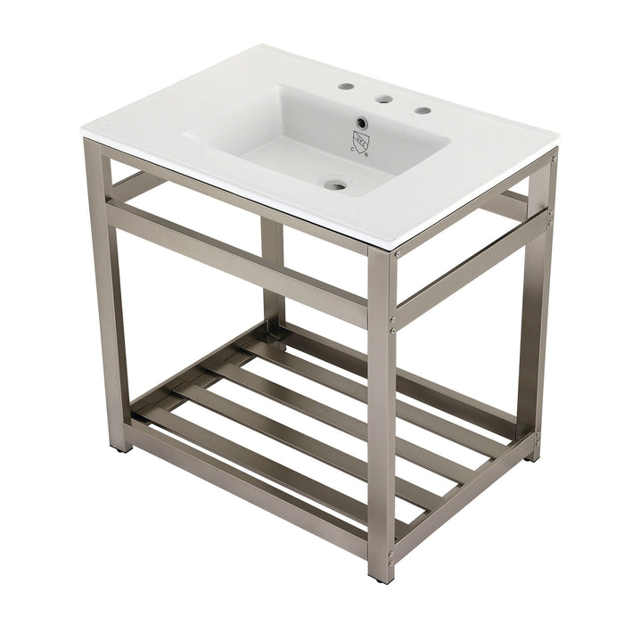 Kingston Sona VWP3122W8A8 - Quadras 31-Inch Ceramic Console Sink with Steel Base and Shelf (8-Inch, 3-Hole), White/Brushed Nickel