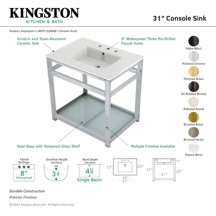 Kingston Sona VWP3122W8B7 - Quadras 31-Inch Ceramic Console Sink with Steel Base and Glass Shelf (8-Inch, 3-Hole), White/Brushed Brass