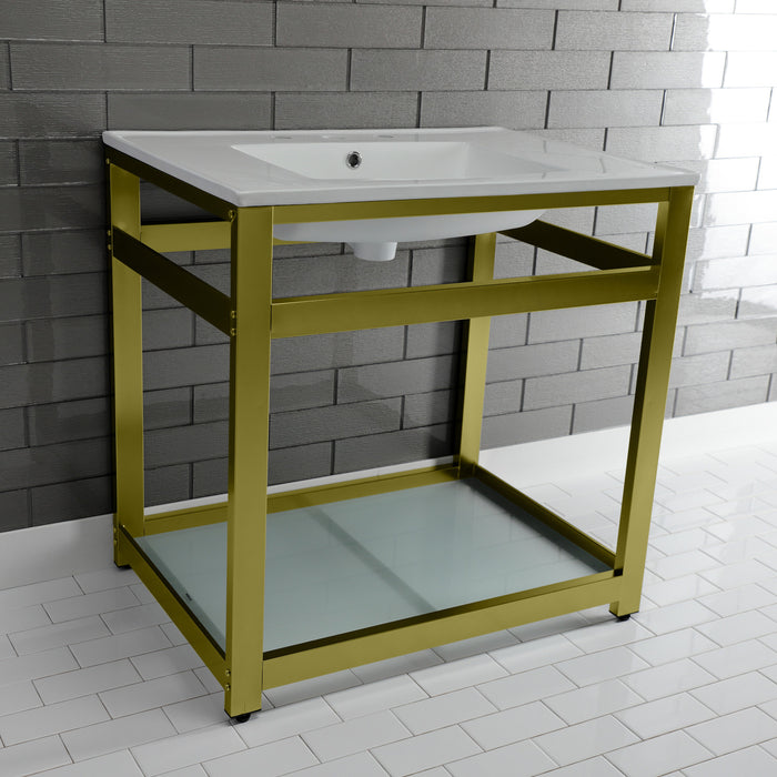 Kingston Sona VWP3122W8B7 - Quadras 31-Inch Ceramic Console Sink with Steel Base and Glass Shelf (8-Inch, 3-Hole), White/Brushed Brass