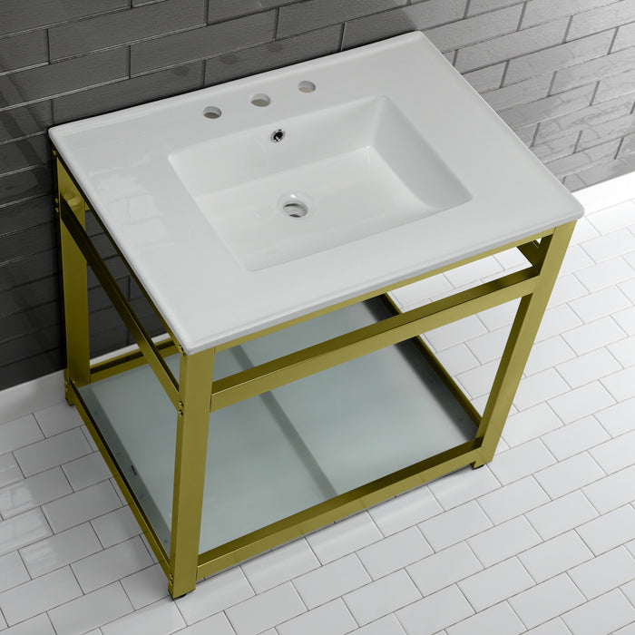 Kingston Sona VWP3122W8B7 - Quadras 31-Inch Ceramic Console Sink with Steel Base and Glass Shelf (8-Inch, 3-Hole), White/Brushed Brass