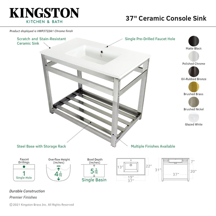 Kingston Quadras VWP3722A1 37-Inch Ceramic Console Sink with Steel Base and Shelf (1-Hole), White/Polished Chrome