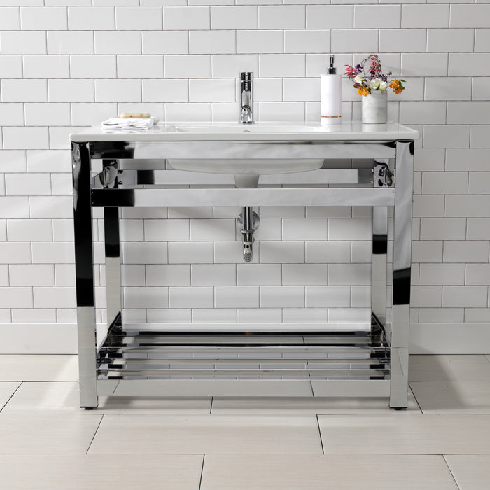 Kingston Quadras VWP3722A1 37-Inch Ceramic Console Sink with Steel Base and Shelf (1-Hole), White/Polished Chrome