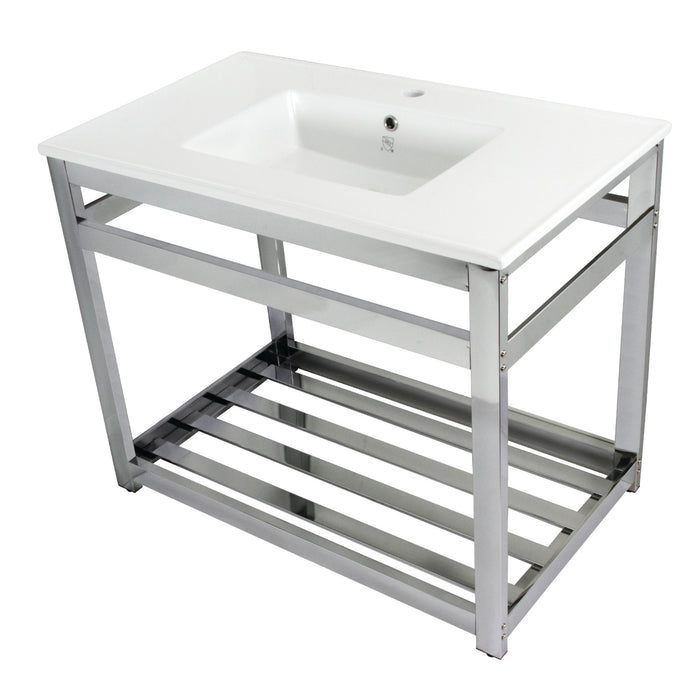 Kingston Quadras VWP3722A1 37-Inch Ceramic Console Sink with Steel Base and Shelf (1-Hole), White/Polished Chrome