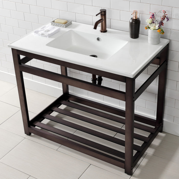 Kingston Quadras VWP3722A5 37-Inch Ceramic Console Sink with Steel Base and Shelf (1-Hole), White/Oil Rubbed Bronze