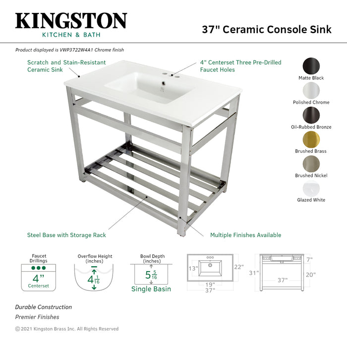 Kingston Quadras VWP3722W4A5 37-Inch Ceramic Console Sink with Steel Base and Shelf (4-Inch, 3-Hole), White/Oil Rubbed Bronze