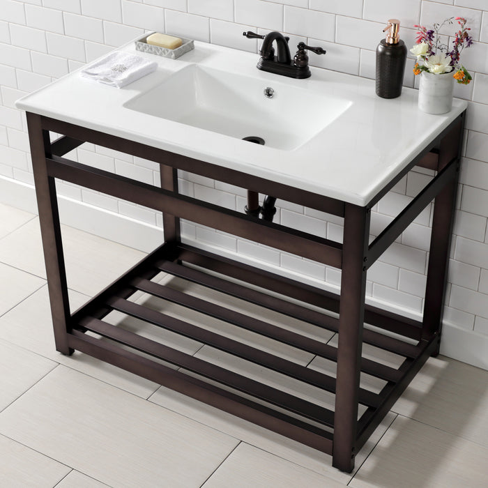 Kingston Quadras VWP3722W4A5 37-Inch Ceramic Console Sink with Steel Base and Shelf (4-Inch, 3-Hole), White/Oil Rubbed Bronze