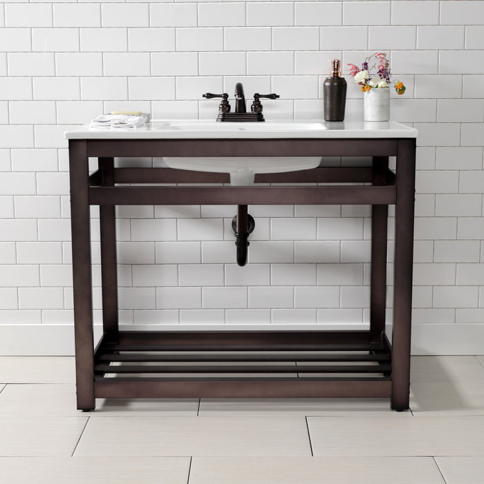Kingston Quadras VWP3722W4A5 37-Inch Ceramic Console Sink with Steel Base and Shelf (4-Inch, 3-Hole), White/Oil Rubbed Bronze