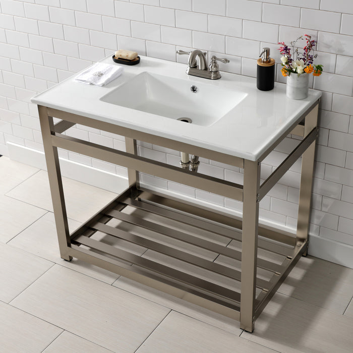 Kingston Quadras VWP3722W4A8 37-Inch Ceramic Console Sink with Steel Base and Shelf (4-Inch, 3-Hole), White/Brushed Nickel