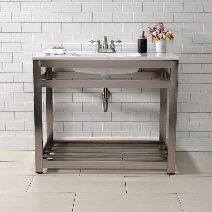 Kingston Quadras VWP3722W4A8 37-Inch Ceramic Console Sink with Steel Base and Shelf (4-Inch, 3-Hole), White/Brushed Nickel