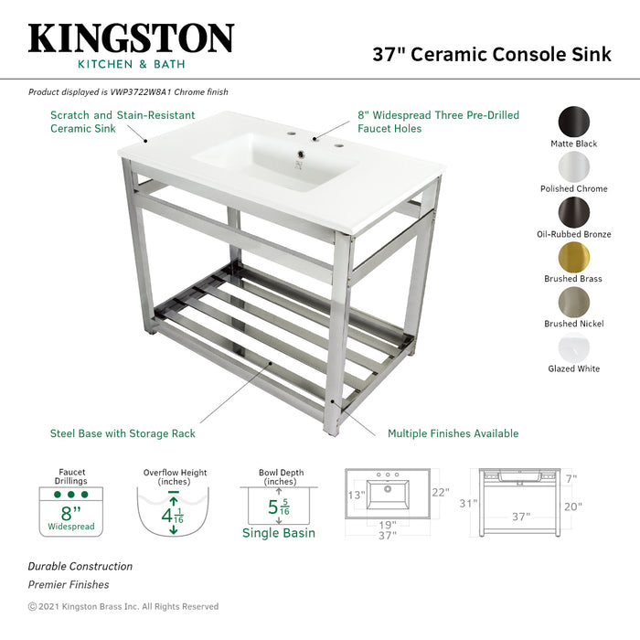 Kingston Quadras VWP3722W8A1 37-Inch Ceramic Console Sink with Steel Base and Shelf (8-Inch, 3-Hole), White/Polished Chrome