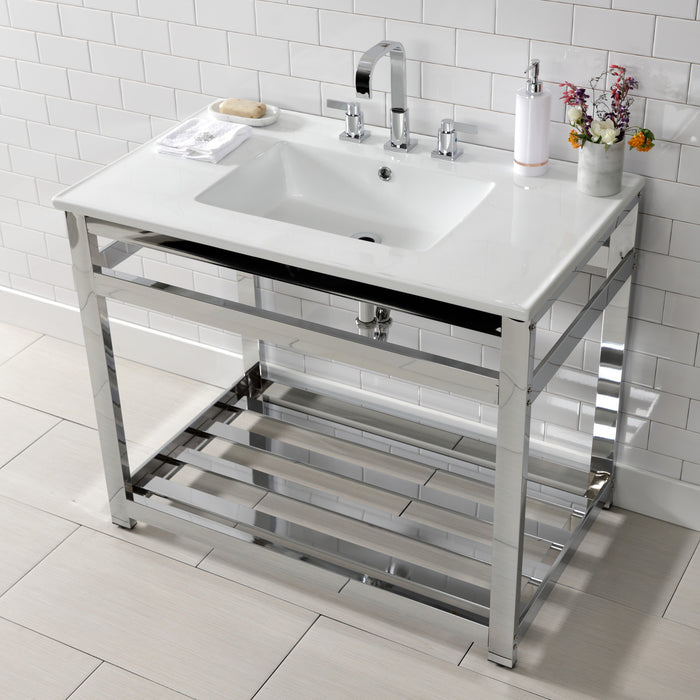 Kingston Quadras VWP3722W8A1 37-Inch Ceramic Console Sink with Steel Base and Shelf (8-Inch, 3-Hole), White/Polished Chrome