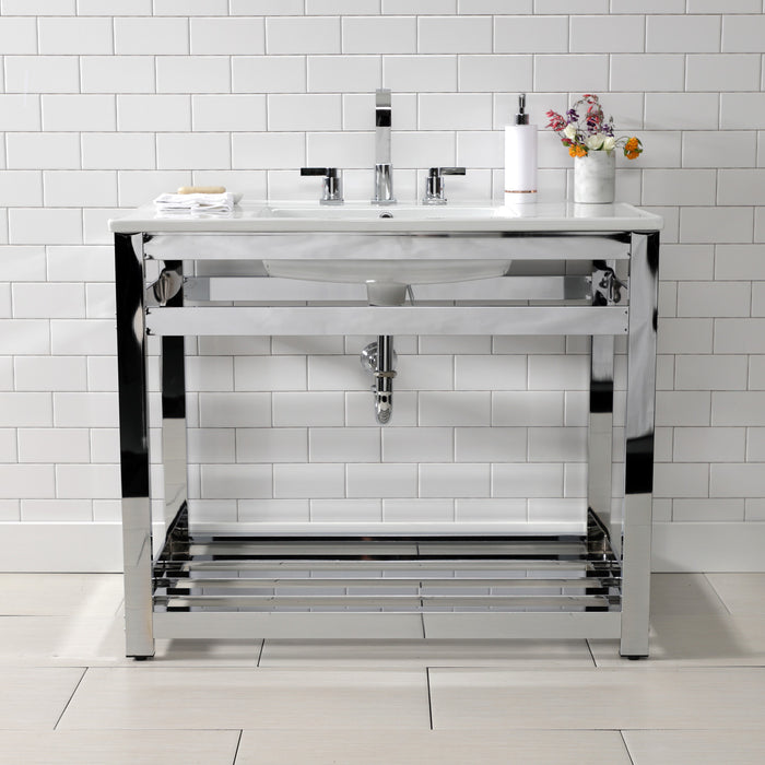Kingston Quadras VWP3722W8A1 37-Inch Ceramic Console Sink with Steel Base and Shelf (8-Inch, 3-Hole), White/Polished Chrome
