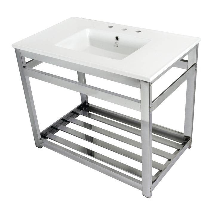 Kingston Quadras VWP3722W8A1 37-Inch Ceramic Console Sink with Steel Base and Shelf (8-Inch, 3-Hole), White/Polished Chrome