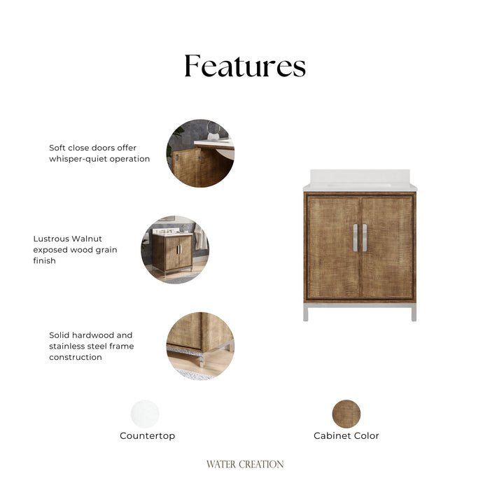 Kingston Westin WE30QZ01LW - 30 in. x 22 in. Bathroom Vanity Single Sink with White Brook Quartz Top, Lustrous Walnut