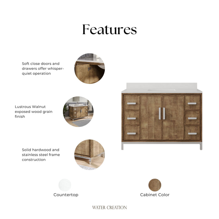 Kingston Westin WE48QZ01LW - 48 in. x 22 in. Bathroom Vanity Single Sink with White Brook Quartz Top, Lustrous Walnut