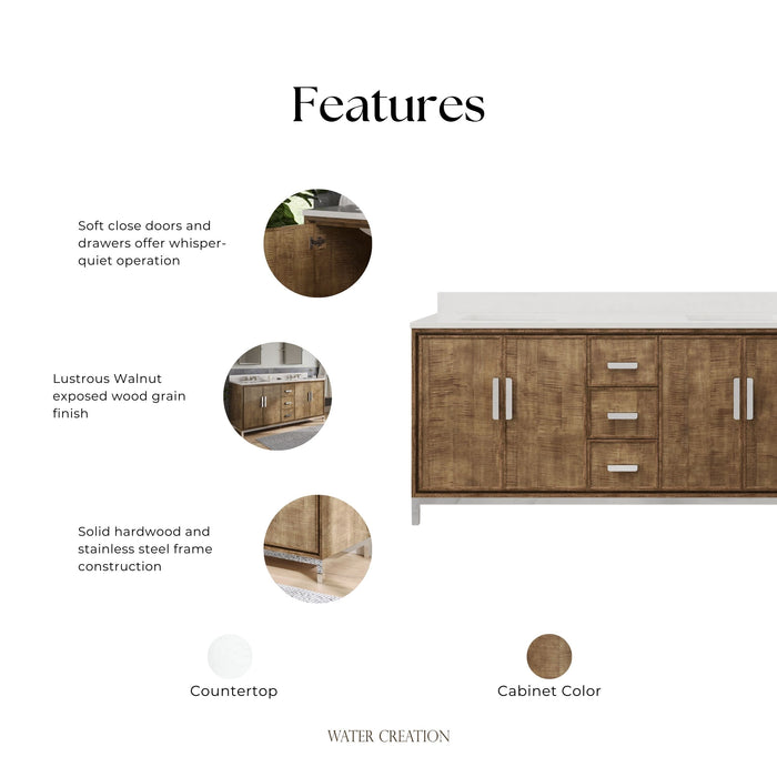 Kingston Westin WE72QZ01LW - 72 in. x 22 in. Bathroom Vanity Double Sink with White Brook Quartz Top, Lustrous Walnut