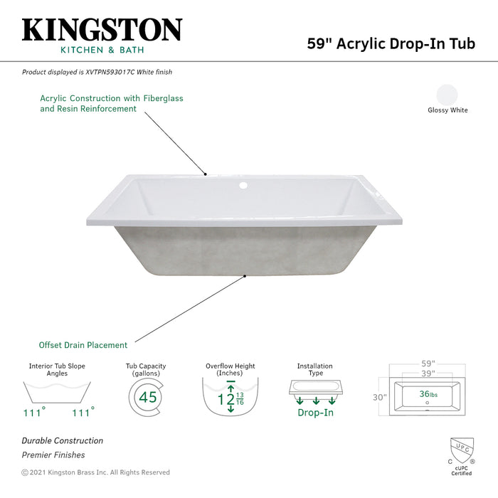 Kingston Aqua Eden XVTPN593017C 59-Inch Acrylic Rectangular Drop-In Tub with Center Drain, Glossy White