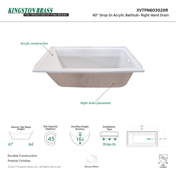 Aqua Eden XVTPN603020R 60-Inch Acrylic Rectangular Drop-In Tub, Right Hand Drain, Glossy White