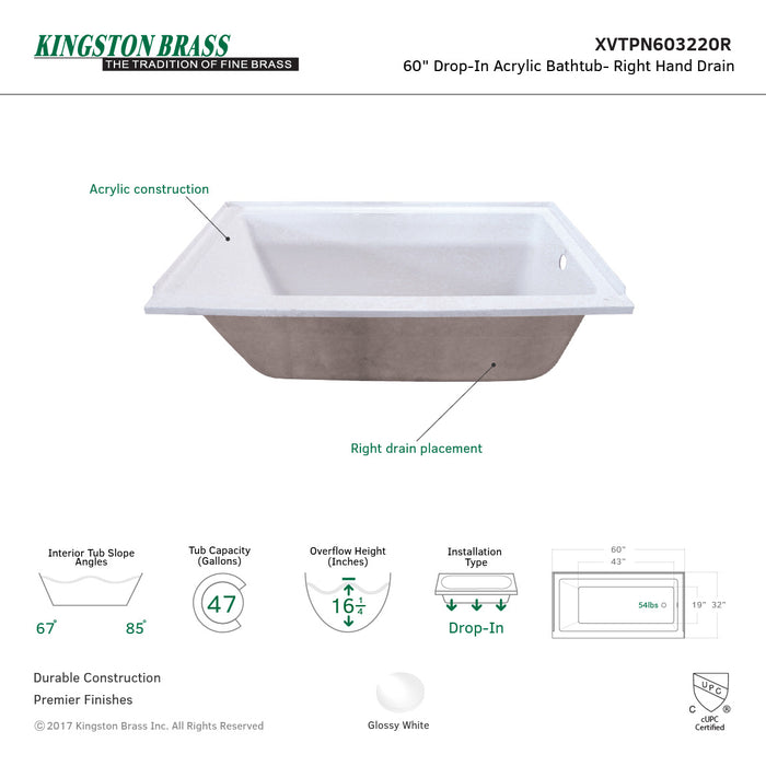 Kingston Tulare XVTPN603220R - Aqua Eden 60-Inch Acrylic Rectangular Drop-In Tub, Right Hand Drain, Glossy White