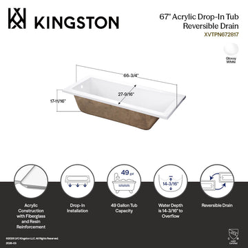 【tubobon】 Kingston Aqua Eden XVTPN672817 67-Inch Acrylic Rectangular Drop-In Tub