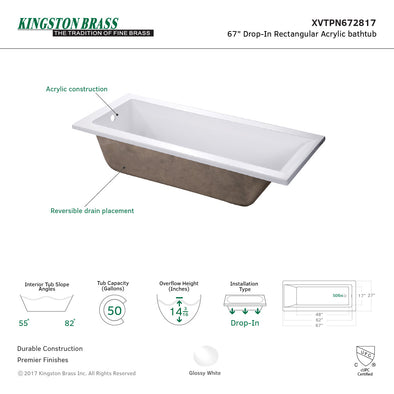 Kingston Aqua Eden XVTPN672817 67-Inch Acrylic Rectangular Drop-In Tub