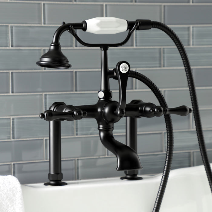 Kingston Heirloom AE103T0 - Aqua Vintage Three-Handle 2-Hole Deck-Mount Clawfoot Tub Faucet with Hand Shower, Matte Black