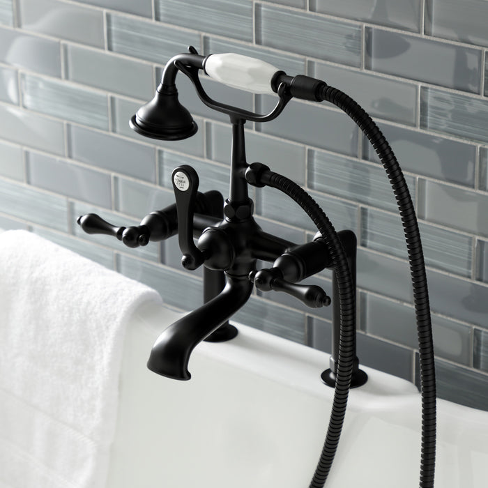 Kingston Heirloom AE103T0 - Aqua Vintage Three-Handle 2-Hole Deck-Mount Clawfoot Tub Faucet with Hand Shower, Matte Black