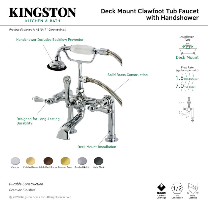 Aqua Vintage AE103T2 Three-Handle 2-Hole Deck Mount Clawfoot Tub Faucet with Hand Shower, Polished Brass