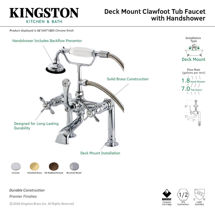 Essex AE103T2BEX Three-Handle 2-Hole Deck Mount Clawfoot Tub Faucet with Hand Shower, Polished Brass