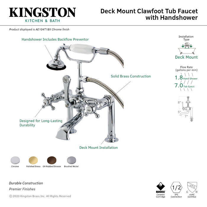English Country AE103T2BX Three-Handle 2-Hole Deck Mount Clawfoot Tub Faucet with Hand Shower, Polished Brass