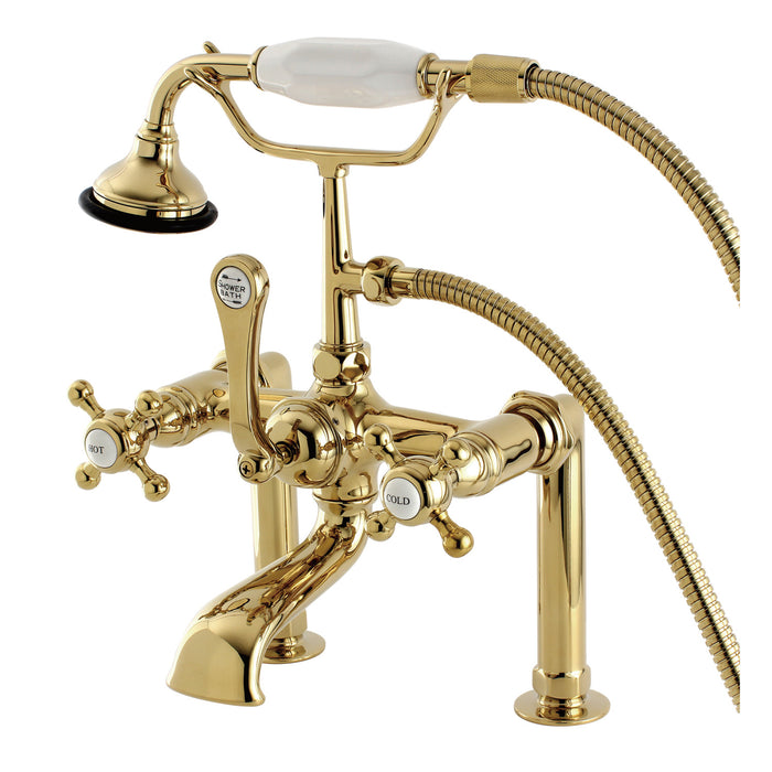 English Country AE103T2BX Three-Handle 2-Hole Deck Mount Clawfoot Tub Faucet with Hand Shower, Polished Brass