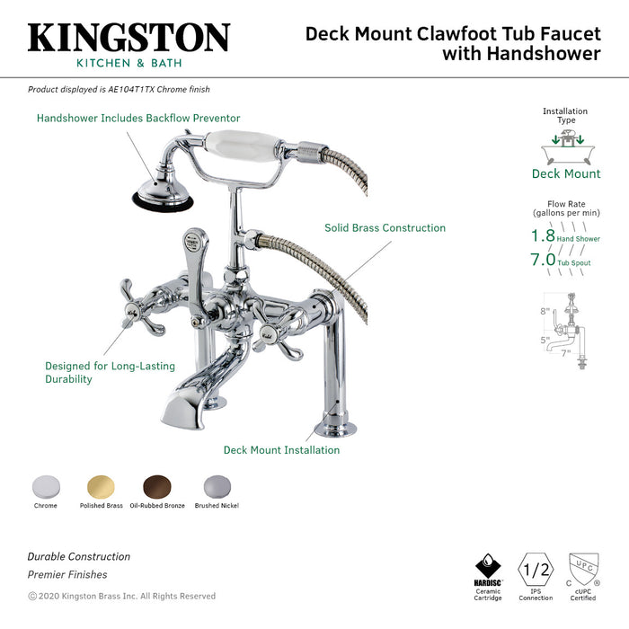 French Country AE103T2TX Three-Handle 2-Hole Deck Mount Clawfoot Tub Faucet with Hand Shower, Polished Brass