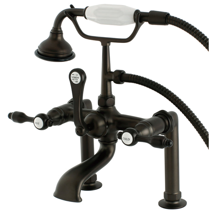 Kingston Heirloom AE103T5TAL - Tudor Three-Handle 2-Hole Deck-Mount Clawfoot Tub Faucet with Hand Shower, Oil Rubbed Bronze