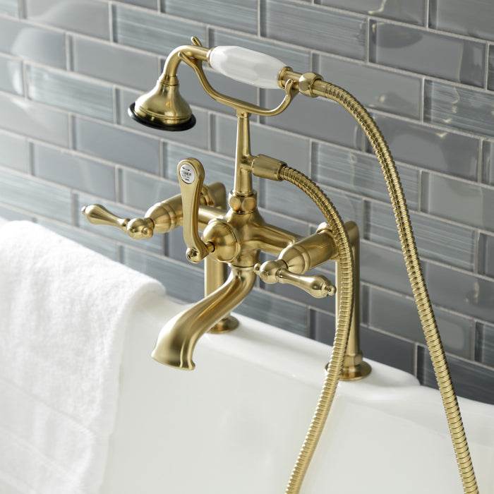 Kingston Heirloom AE103T7 - Aqua Vintage Three-Handle 2-Hole Deck-Mount Clawfoot Tub Faucet with Hand Shower, Brushed Brass