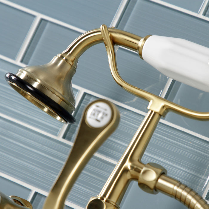Kingston Heirloom AE103T7WLL - Wilshire Three-Handle 2-Hole Deck-Mount Clawfoot Tub Faucet with Hand Shower, Brushed Brass