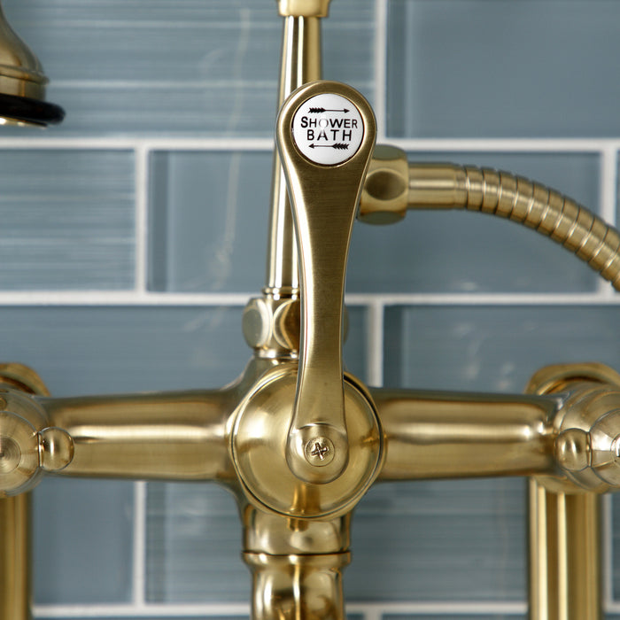 Kingston Heirloom AE103T7WLL - Wilshire Three-Handle 2-Hole Deck-Mount Clawfoot Tub Faucet with Hand Shower, Brushed Brass