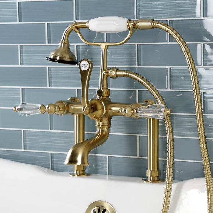 Kingston Heirloom AE103T7WLL - Wilshire Three-Handle 2-Hole Deck-Mount Clawfoot Tub Faucet with Hand Shower, Brushed Brass