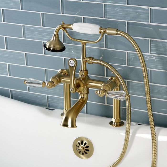 Kingston Heirloom AE103T7WLL - Wilshire Three-Handle 2-Hole Deck-Mount Clawfoot Tub Faucet with Hand Shower, Brushed Brass
